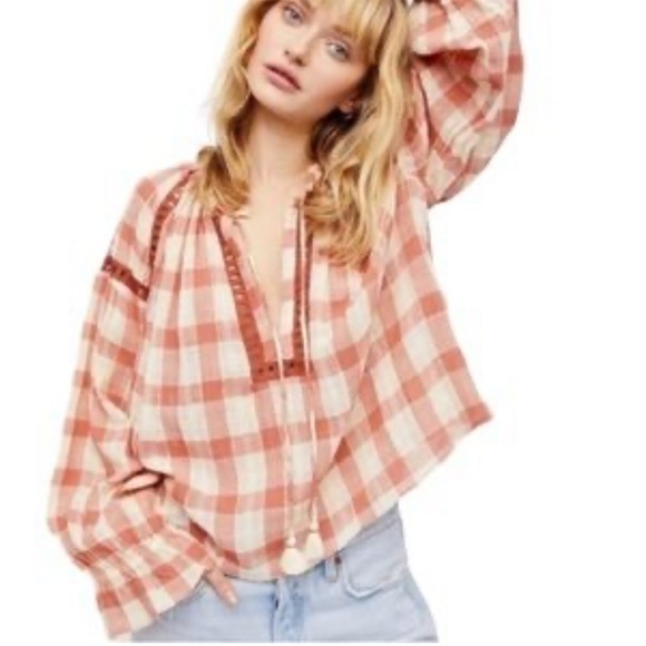 Free People Honey Grove peasant topsmall 100% cotton top small checked - Picture 4 of 4